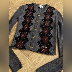 Ganni Small Argyle Knit Cardigan Fine Merino Wool